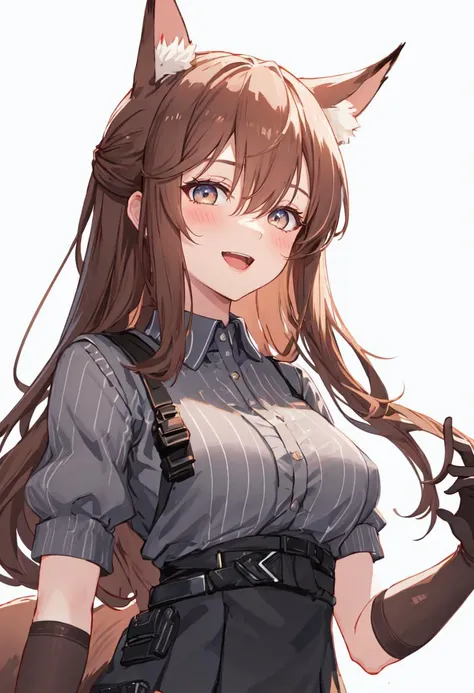 best quality, masterpiece, highres, solo, (franka_arknights:1.10), 1girl, simple background, upper body, collared shirt, looking at viewer, smile, white background, blush, grey shirt, elbow gloves, black gloves, hair between eyes, open mouth, short sleeves, closed mouth, 3 <lora:franka_arknights:0.80>