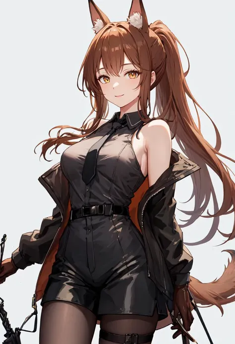 best quality, masterpiece, highres, solo, (franka_arknights:1.10), sleeveless shirt, bare shoulders, 1girl, off shoulder, open jacket, black shirt, black jacket, collared shirt, looking at viewer, black gloves, long sleeves, ponytail, smile, black pantyhose, black shorts, brown pantyhose, closed mouth, grey necktie, simple background, thigh strap, official alternate costume, yellow eyes, cowboy shot, 7 <lora:franka_arknights:0.80>