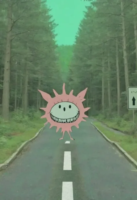 photograph of very empty streets, featuring a cartoon exaggerated, weird creature, against the backdrop of a forest, oldfashion player interface weirdcore aesthetic <lora:y2kmadmix_v0.0.1:0.9>