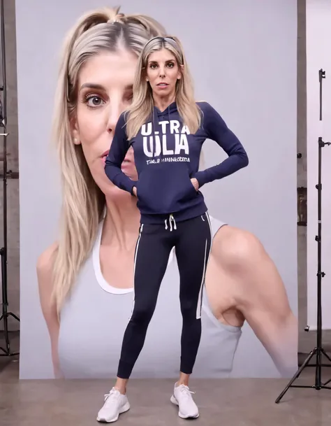 Full portrait of a beautiful fashion model with a sporty athleisure outfit, ultra-realistic face. In the scene, Rebecca Zamolo, the exquisite fashion model, dons a sporty athleisure outfit, posing in front of an ultra-realistic portrait that captures her beauty with striking accuracy as she effortlessly brings life to the ensemble's dynamic energy. <lora:wkzkvw18dfb6b4b32r15c2:1>