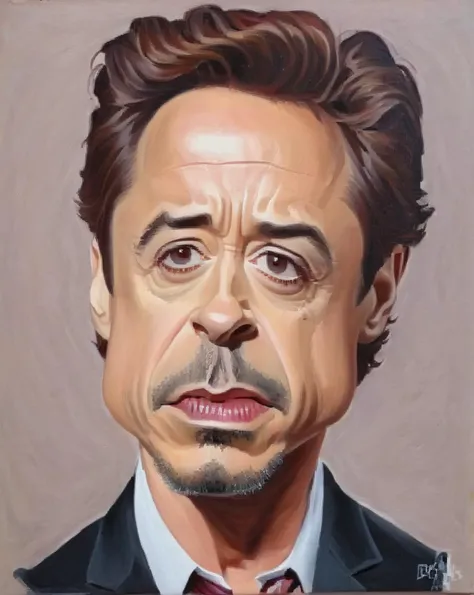 An oil on canvas self Robert Downey Jr. Caricaturized <lora:SDXL-Caricaturized-Lora:1.5>, Very detailed, clean, high quality, sharp image  <lora:xl_more_art-full-beta2:0.7>