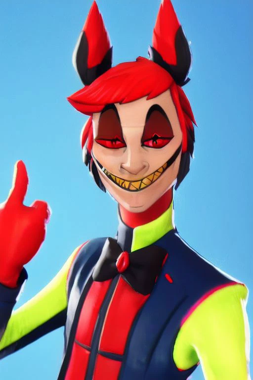 fortnite, blue background, portrait, masterpiece, best quality, 1boy, solo, animal ears, sharp teeth, red eyes, bow, smile, looking at viewer, slit pupils, bowtie, red hair, grin, multicolored hair, jacket, suit , cartoon, <lora:Alastor-001-9:1>