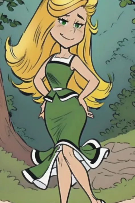 1girl, solo, blonde hair, long hair, dress, green dress, full body, hands on hips, forest, river, standing, shoes, bare shoulders, green footwear, smile, wink