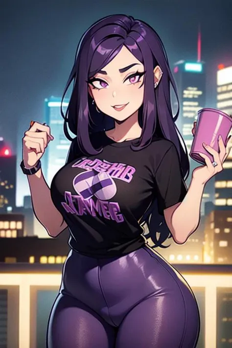 girl, dark purple hair, long hair, curly hair, bangs, goth, black punk t-shirt, building rooftop, night, rain, letitating, purple energy, lightning bolt, handsdynamicpose, black pants,