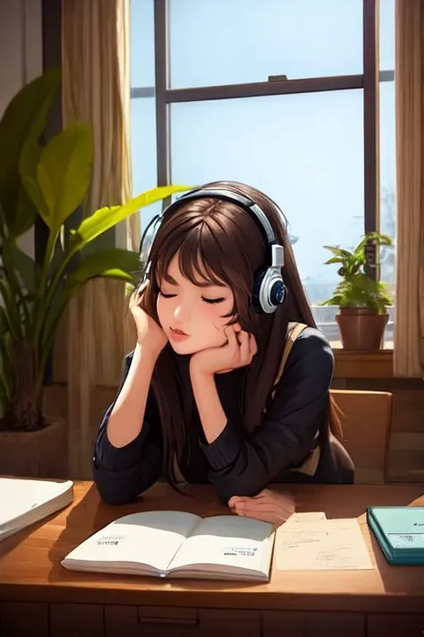 1girl, book, brown hair, closed eyes, day, desk, head rest, headphones, indoors, lips, long hair, nose, pen, pencil, phone, plant, potted plant, realistic, sitting, sky, solo, window