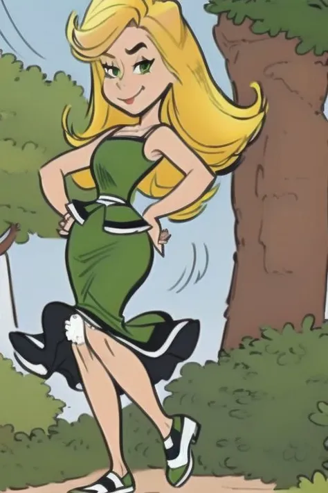 1girl, solo, blonde hair, long hair, dress, green dress, full body, hands on hips, forest, river, standing, shoes, bare shoulders, green footwear, smile, wink
