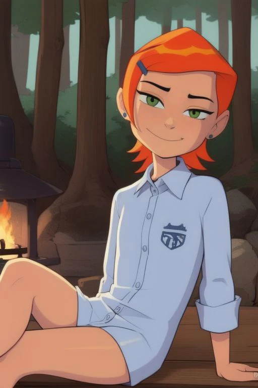 masterpiece, best quality, <lora:Gwen-10:1> ,
Gwendolyn_Tennyson, 1girl, solo, button down shirt , sitting, (campfire:0.7) , ( forest, warm lighting :1) , smirk, head tilt, looking to the side,