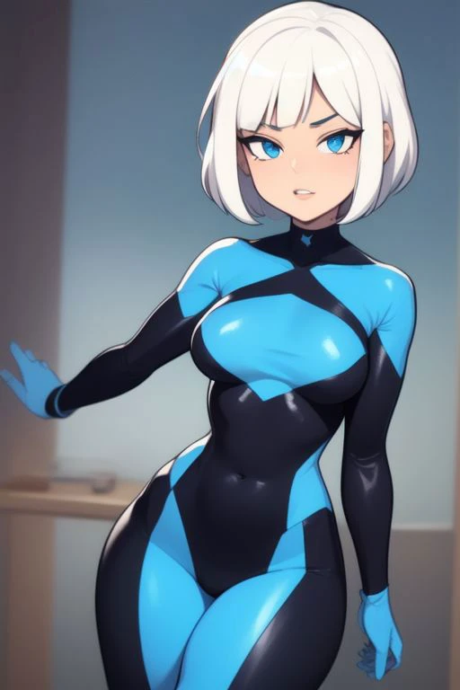 ultra-detailed, Explicit, Beautiful body, Beautiful Nose, Beautiful character design, perfect eyes, perfect face, ultra highres, 4K, beautiful legs, perfect legs, Nice hands, Perfect hand, Masterpiece, Best Quality, Highly detailed, illustration, absurdres, perfect anatomy, expressionless, blank eyes, emotionless,corruption, mind control, female combatant, full body, hypnotized, unhappy trance, full body suit, ribbed bodysuit, both arms at side, obey, perfect female body, looking at viewer, hypnosis, hypnoLora, empty eyes, Mind control device, poses, Slave, Fighting Stance,numbersuit, two-tone bodysuit:0.9, blue bodysuit:0.9, light blue bodysuit:0.9, (((pixel-perfect, detail-perfect))) 1girl, solo, hair ornament, small breast, Shy, SHORT HAIR, WHITE HAIR, RED EYES, HAIR BETWEEN EYES, (((from back, view from back, ass, looking from back, view from back)))