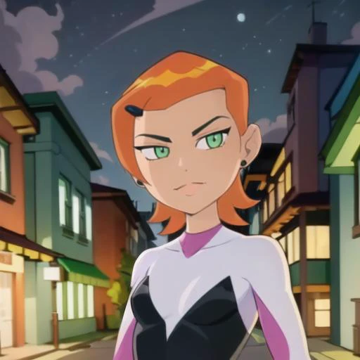 anime 8k wallpaper, ((masterpiece)),((best quality)), nice and detailed picture,1girl,(solo:1.5), <lora:Gwen:0.95>, upper body, gwen stacy, <lora:spider_gwen:1>,from behind, looking at viewer, bodysuit, wearing spider gwen costume,full body, city at night,