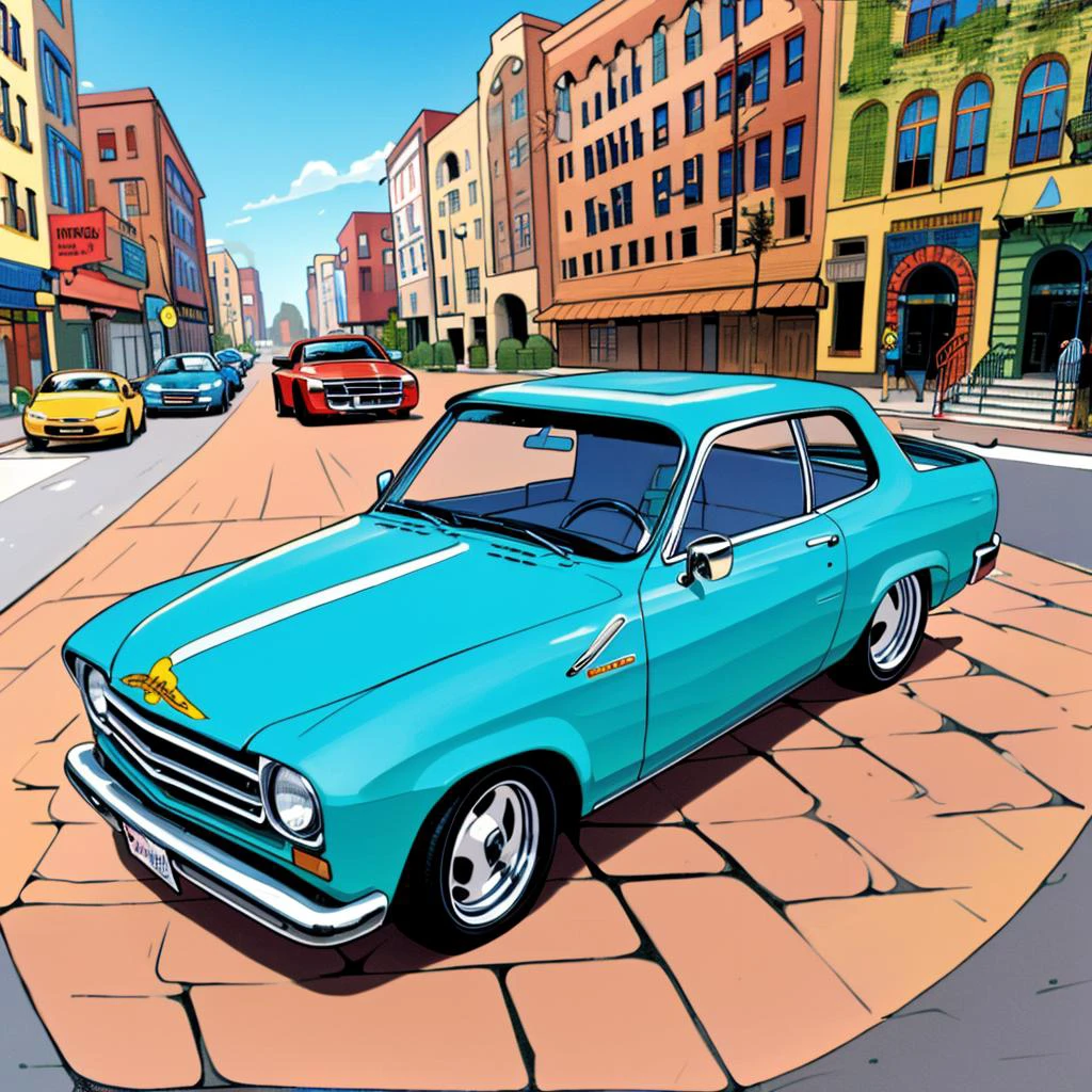 <lora:History_of_Rock_v2-000050:0.9> histr0ckstyle, flat colors, a custom car hot rod on a city street at night