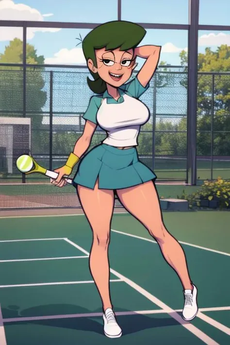 Daisy_SM, completely nude, standing, full body, 1girl, solo, dark skin, tan, muscular female, brooch, frilled collar, earrings, crown, medium breasts, vagina, white gloves, white frilly ankle socks, orange high heels, eyes closed, grinning, one hand on hip, holding golf club, golf course