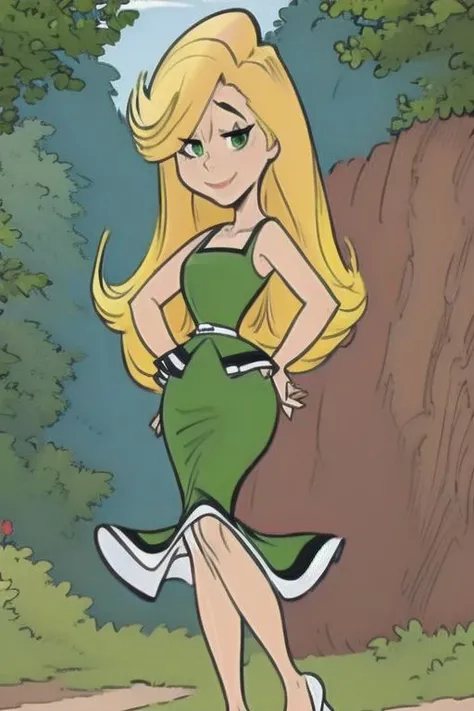 1girl, solo, blonde hair, long hair, dress, green dress, full body, hands on hips, forest, river, standing, shoes, bare shoulders, green footwear, smile, wink