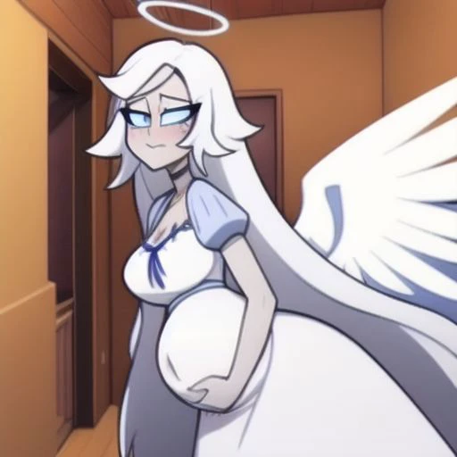 looking at viewer, a girl, angel, angel wings, blue eyes, colored skin, Emily, grey skin:1.2, halo, light blue sclera, long hair, closed mouth, petite, very long hair, white dress, white hair, pregnant, holding large belly, in pain facial expression, labor contractions