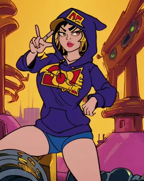 <lora:he-man_offset:0.95>, (1girl:1.3) throwing up gang signs, los angeles in the background, he-man, gangster pose, wearing a hoodie, gold chain, style of Shepard Fairey