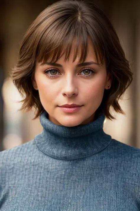 Catherine Bell (((Wearing turtleneck and distressed jeans))), (((Safe For Work))), (((Portrait))), ((in the city)), model shoot style, extremely intricate, High Detail, Sharp focus, dramatic, soft cinematic light, (looking at viewer), (Real Eyes), (Detailed Eye Corneas) (detailed pupils), smiling, 24mm, photo lab, elegant, insane details, hyperdetailed, low contrast, epiCRealism,