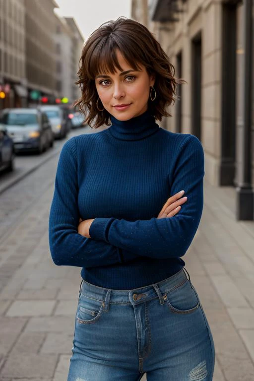 Catherine Bell (((Wearing turtleneck and distressed jeans))), (((Safe For Work))), (((Portrait))), ((in the city)), model shoot style, extremely intricate, High Detail, Sharp focus, dramatic, soft cinematic light, (looking at viewer), (Real Eyes), (Detailed Eye Corneas) (detailed pupils), smiling, 24mm, photo lab, elegant, insane details, hyperdetailed, low contrast, epiCRealism,