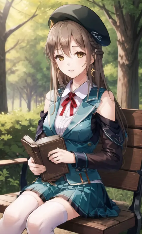 extremely detailed CG unity 8k wallpaper, realistic, hand by Guido Daniele
hat, thighhighs, 1girls, brown hair, sitting, bench, outdoors, shirt, blue skirt, book, braid, parted lips, white shirt, ribbon, grass, pleated skirt, long hair, looking at viewer, breasts, red ribbon, beret, day, blue headwear, bangs, jacket, long sleeves, bare shoulders, closed eyes, neck ribbon, brown eyes, blonde hair, medium breasts, detached sleeves, sleeping, yellow eyes, holding, earrings, vest, jewelry, holding book, hair between eyes, crescent, park bench, miniskirt, green headwear,smile,