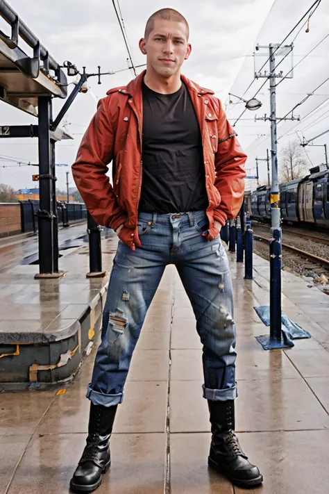 light rail station, railroad platform, skinhead, muscular RomanTodd, close crop haircut, slight smile, (jacket), jeans and boots, ((bleachers jeans)), (GS-Masculine:0.9), masterpiece, (((full body portrait))), wide angle, (looking at viewer), photorealistic, <lora:RomanTodd:0.8> <lora:100_skins_v1:0.7>