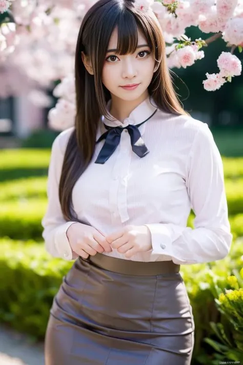 1girl,(wearing a blouse and pencil skirt:1.2),(RAW photo, best quality), (realistic, photo-realistic:1.4), masterpiece, an extremely delicate and beautiful, extremely detailed, 2k wallpaper, Amazing, finely detail, extremely detailed CG unity 8k wallpaper, ultra-detailed, highres, soft light, beautiful detailed girl, extremely detailed eyes and face, beautiful detailed nose, beautiful detailed eyes,cinematic lighting,in a flower garden,flowers and greeneries,bokeh,serene scenery,perfect anatomy,slender body,<lora:lapinangelia_lora:0.8>,(heavy cosplayer makeup),long hair with bangs
