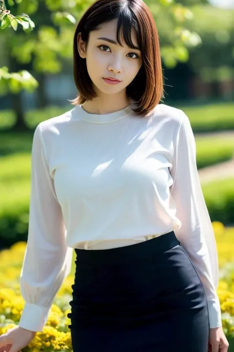 1girl,(wearing a blouse and pencil skirt:1.2),(RAW photo, best quality), (realistic, photo-realistic:1.4), masterpiece, an extremely delicate and beautiful, extremely detailed, 2k wallpaper, Amazing, finely detail, extremely detailed CG unity 8k wallpaper, ultra-detailed, highres, soft light, beautiful detailed girl, extremely detailed eyes and face, beautiful detailed nose, beautiful detailed eyes,cinematic lighting,in a flower garden,flowers and greeneries,bokeh,serene scenery,perfect anatomy,slender body,<lora:lapinangelia_lora:0.7>