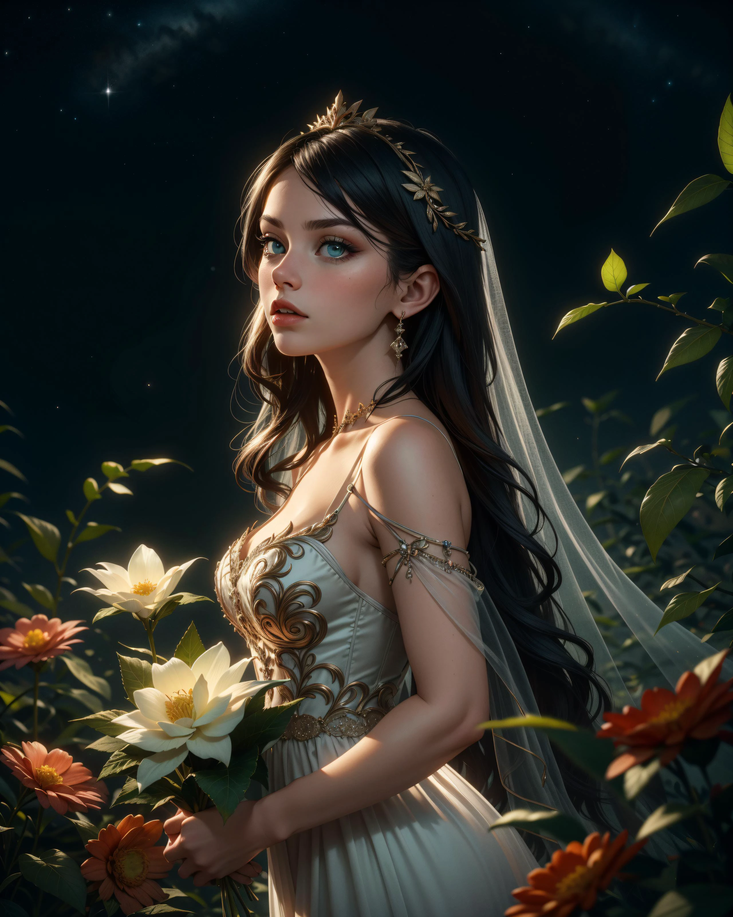 16k, ultra-high quality, highres, intricate, highly detailed, hyper realistic, hypermaximalist, hero shot, embedding:Tower13\Tower13_Masha, delicate silk see-through gown, flowers, leaves, vines, ethereal, dreamlike, unearthly, volumetric lighting, god rays, embedding:Positive\epiCPhoto, <lora:Utilities\detail_slider_v4.safetensors:0.6>, <lora:Style\ElvenForestWorld.safetensors:0.6>, <lora:Utilities\nighttime_v1.safetensors:0.8>, Creative Composition, Dynamic Angle,
