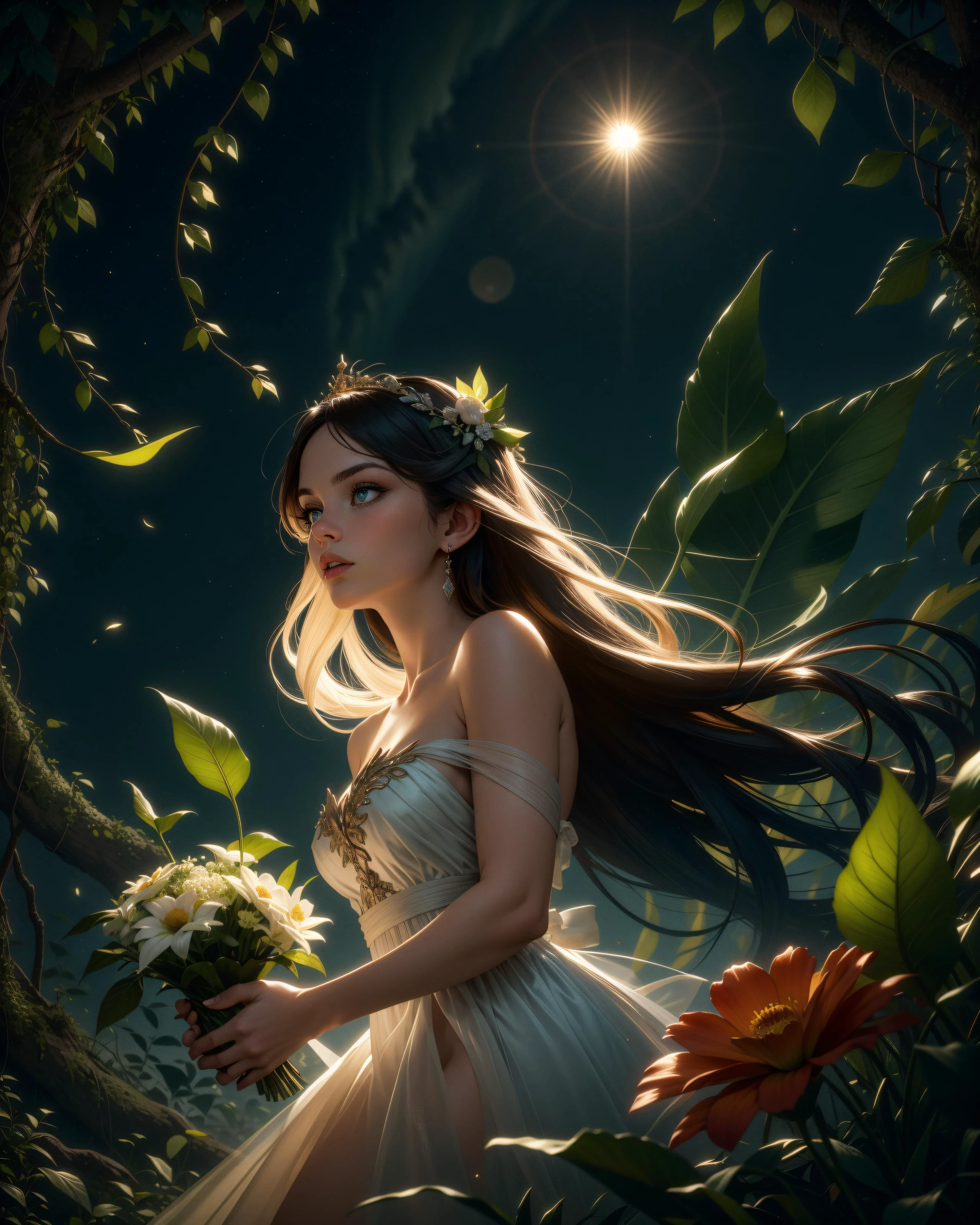 16k, ultra-high quality, highres, intricate, highly detailed, hyper realistic, hypermaximalist, hero shot, embedding:Tower13\Tower13_Masha, delicate satin gown, flowers, leaves, vines, ethereal, dreamlike, unearthly, volumetric lighting, god rays, embedding:Positive\epiCPhoto, <lora:Utilities\detail_slider_v4.safetensors:0.6>, <lora:Style\ElvenForestWorld.safetensors:0.6>, <lora:Utilities\nighttime_v1.safetensors:0.8>, Creative Composition, Dynamic Angle,