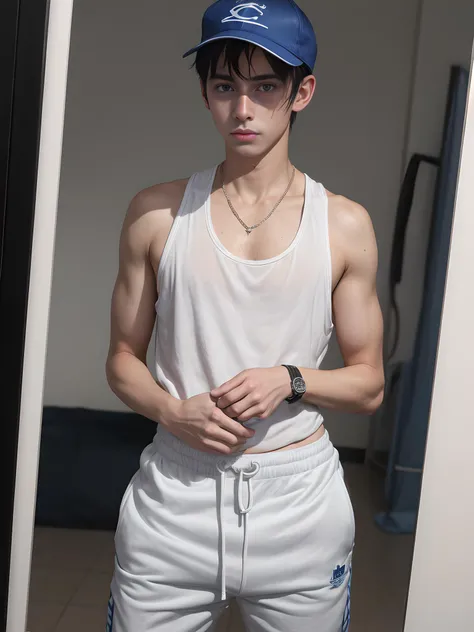 (1male:2.0), (front view:1.2), (full body view:1.2), (blue eyes:1.2), (crop hair:1.2), (slender physique:1.2), fitness, bathroom in a gym, (holding phone:1.2), (taking a selfie in a mirror:1.2), (blue sweat pants:1.2), bulge, (white tank top:1.2), white sneakers, white socks, (base cap:1.4), (wristwatch:1.2), heavy necklace, sweaty, wet, steamy, (foggy background:1.2),
(photo realistic:1.4), (extremely intricate:1.2), (exquisitely detailed skin), soft lighting, atmospheric, ultra high res, 8k uhd, intricate details, best face, best eyes, best hands, best quality, delicate, detailed face, detailed eyes, masterpiece, film grain
<lora:add_detail:0.75> <lora:muscle_slider_v1:-1> <lyco:GoodHands-beta2:0.75> <lora:ChavAlpha:0.5> ChavAlpha