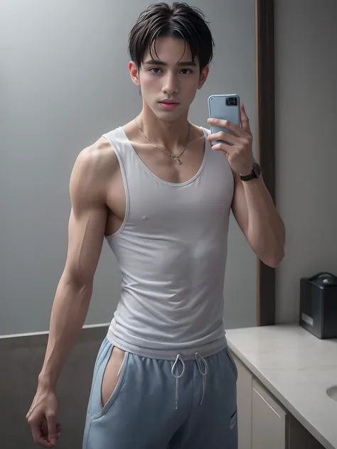 (1male:2.0), (front view:1.2), (full body view:1.2), (blue eyes:1.2), (crop hair:1.2), (slender physique:1.2), fitness, bathroom in a gym, (holding phone:1.2), (taking a selfie in a mirror:1.2), (blue sweat pants:1.2), bulge, (white tank top:1.2), white sneakers, white socks, (base cap:1.4), (wristwatch:1.2), heavy necklace, sweaty, wet, steamy, (foggy background:1.2),
(photo realistic:1.4), (extremely intricate:1.2), (exquisitely detailed skin), soft lighting, atmospheric, ultra high res, 8k uhd, intricate details, best face, best eyes, best hands, best quality, delicate, detailed face, detailed eyes, masterpiece, film grain
<lora:add_detail:0.75> <lora:muscle_slider_v1:-0.5> <lyco:GoodHands-beta2:0.75> <lora:ChavAlpha:0.5> ChavAlpha