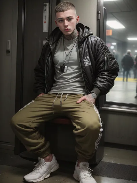 (photo realistic:1.5), wide angle, long shot, (young male:1.5), suburban chav, scally, proll, smirk, tattoos, olive green open bomber jacket, sweatpants, sneakers, bulging crotch, base cap, heavy necklace, wristwatch, piercings, subway station, nighttime, blurry background
(extremely intricate:1.2), (exquisitely detailed skin), dark yellowish lighting, dark soft colors, mystery, atmospheric, ultra high res, 8k uhd, intricate details, best face, best eyes, best hands, best quality, delicate, detailed face, detailed eyes, masterpiece, film grain
<lora:muscle_slider_v1:-1> <lora:add_detail:1.0> <lora:ChavAlpha:0.8> ChavAlpha