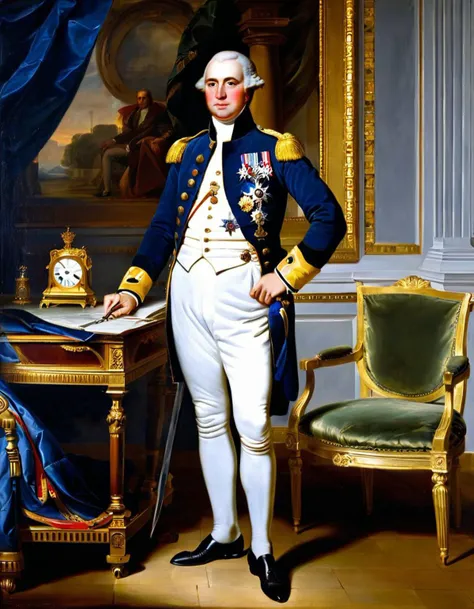 A painting of a man is standing in a room. The man is wearing a blue jacket and white pants. There is a gold chair next to the man., JLDD, man, white pants, clock, medal, epaulettes, military uniform, sword, indoors, <lora:David_XL_:1>