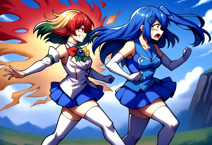 score_9, score_8_up, source_anime, 2girls, running, from side, cowboy shot, right side,
BREAK <lora:gijinkaseries_googlechrome_ponyXL:1>, googlechrome, multicolored hair, blue hair, red hair, blonde hair, green hair, multicolored eyes, jacket, brooch, detached sleeves, bridal gauntlets, blue skirt, white thighhighs, evil grin, short hair, aura, dark aura, 
BREAK <lora:edgSexplorerPonyv1:1>, edgSexplorer, hair ornament, white elbow gloves, breasts, bare shoulders, collarbone, side ponytail, pleated skirt, white thighhighs, blue skirt, zettai ryouiki, crying, scared, fleeing,