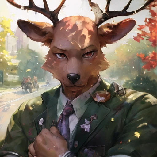 <lora:Louis_1.0-000008:1> by Michael & Inessa Garmash,Ruan Jia, Personalami, Pino Daeni, chunie, (((anthro, male))), deer, ((detailed fluffy fur)), detailed realistic painting, solo, ((shaded)) extreme detail, (cute eyes), ((environment)), school uniform Clothes, ((detailed background school)), ((beastars))