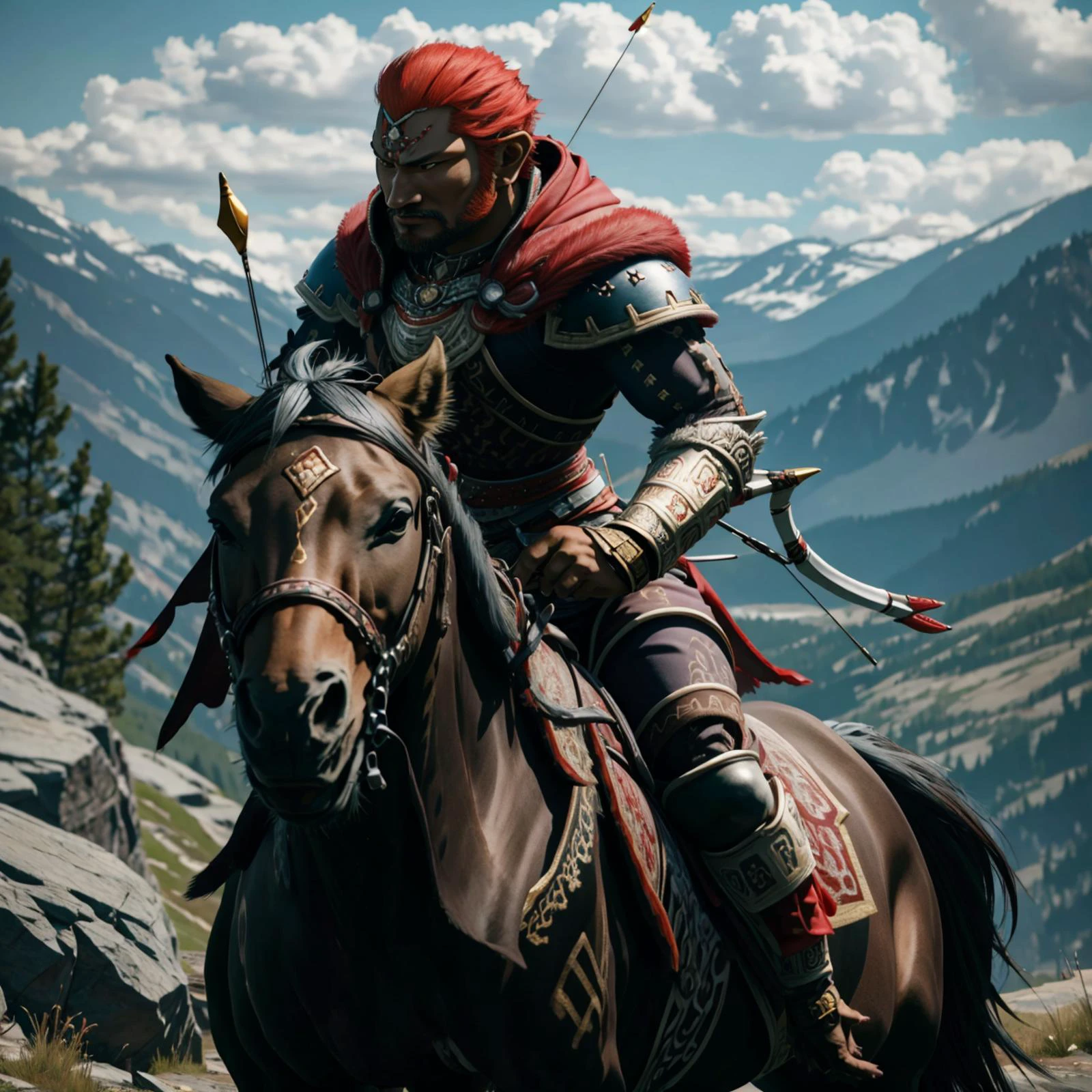 1boy, ganondorf, <lora:MongolPunkAI:0.5> <lora:OoT_Ganondorf_Zelda:0.8> BREAK,
archery, mounted, on black horse, red eyes, <lora:mounted_archery_v1:0.8>, masterpiece, best quality, hyperrealistic, extremely detailed, highly quality, 4k, sharp focus, professional photograph, sharp focus, award winning, cinematic lighting, octane render, unreal engine, volumetrics dtx, Wallpaper,
