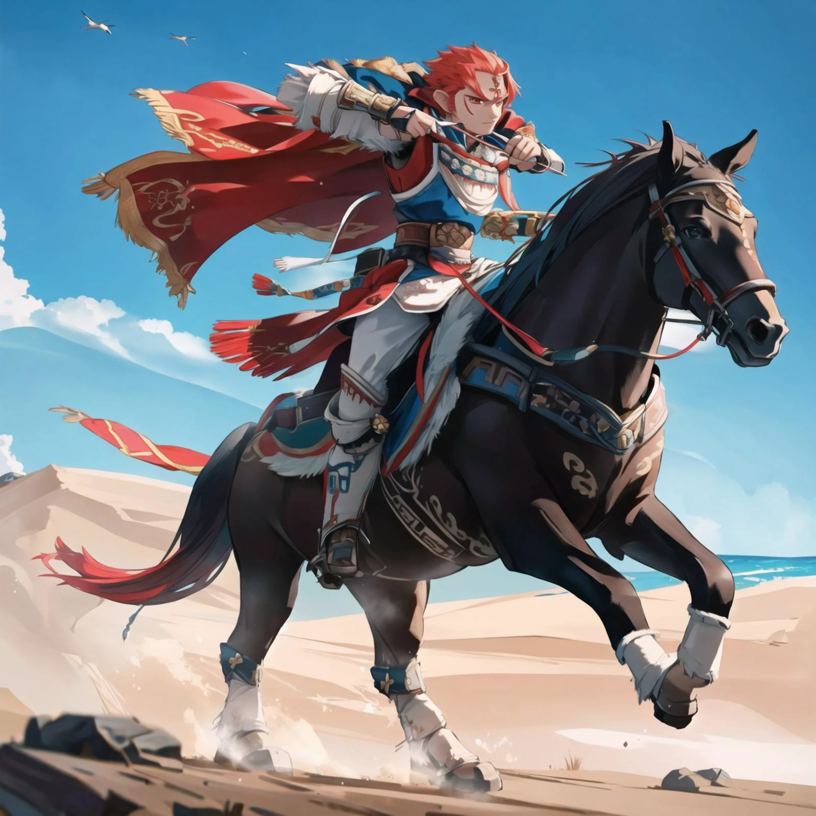 1boy, ganondorf, <lora:MongolPunkAI:0.5> <lora:OoT_Ganondorf_Zelda:0.8> BREAK,
archery, mounted, on black horse, red eyes, <lora:mounted_archery_v1:0.8>, masterpiece, best quality, hyperrealistic, extremely detailed, highly quality, 4k, sharp focus, professional photograph, sharp focus, award winning, cinematic lighting, octane render, unreal engine, volumetrics dtx, Wallpaper,