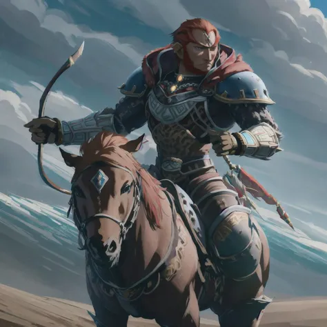 1boy, ganondorf, archery, mounted, on dark horse,   <lora:MongolPunkAI:0.5> <lora:mounted_archery_v1:0.8> <lora:OoT_Ganondorf_Zelda:0.8>, masterpiece, best quality, hyperrealistic, extremely detailed, highly quality, 4k, sharp focus, professional photograph, sharp focus, award winning, cinematic lighting, octane render, unreal engine, volumetrics dtx, Wallpaper,