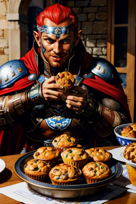 masterpiece, high quality, hdr, a photo of OoT_Ganondorf_Zelda,tall, muscular, red cape, wearing brown armor, indoors, kitchen, sitting, behind table, table full of muffins, eating muffin, looking at camera, laughing, happy, mouth open, playful ambiance, bounce lighting, <lora:OoT_Ganondorf_Zelda:.8>, extremely detailed,