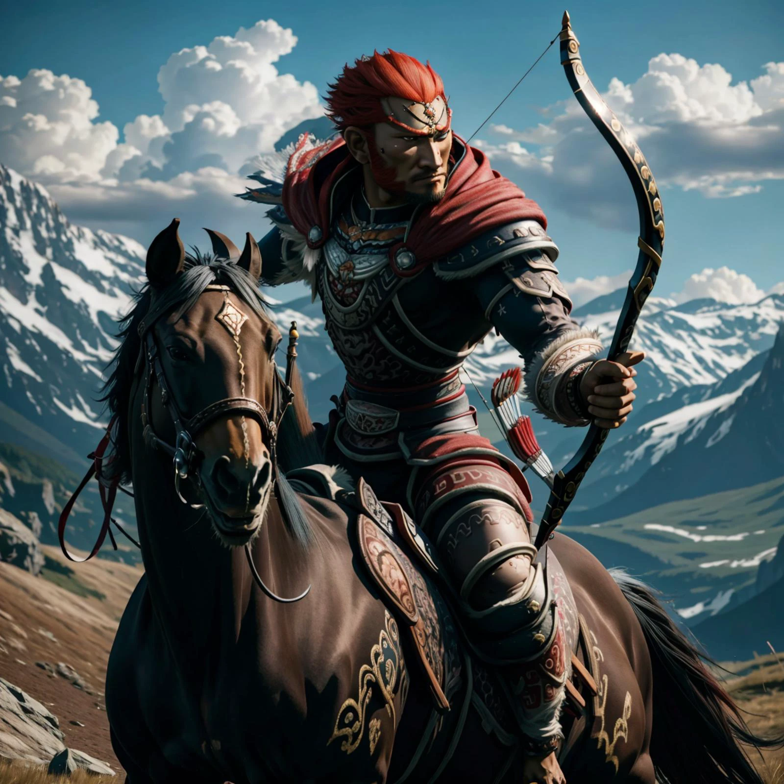1boy, ganondorf, <lora:MongolPunkAI:0.5> <lora:OoT_Ganondorf_Zelda:0.8> BREAK,
archery, mounted, on black horse, red eyes, <lora:mounted_archery_v1:0.8>, masterpiece, best quality, hyperrealistic, extremely detailed, highly quality, 4k, sharp focus, professional photograph, sharp focus, award winning, cinematic lighting, octane render, unreal engine, volumetrics dtx, Wallpaper,
