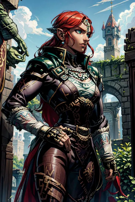 thick outlines, comics, photorealistic, masterpiece:1.2, 1girl, solo, <lora:OoT_Ganondorf_Zelda_Anime:0.8>, OoT_Ganondorf_Zelda, (green skin), castle, medieval, throne, detailed background, detailed face, detailed eyes, <lora:add_detail:0.7>