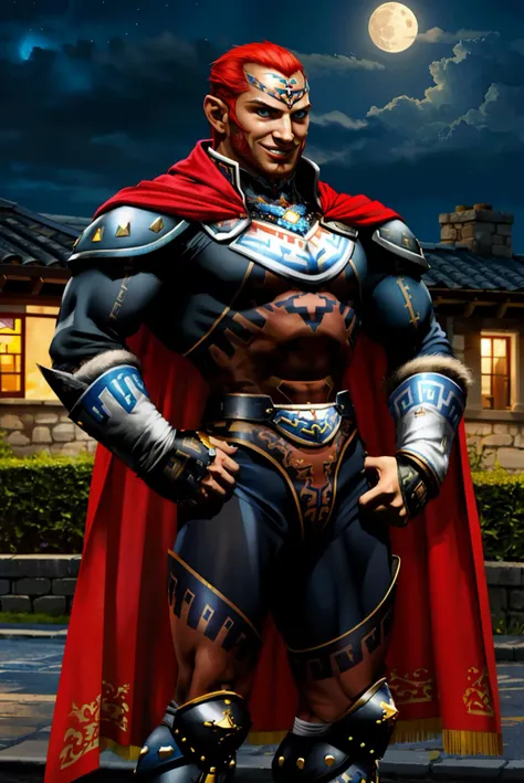 masterpiece, high quality, hdr, a portrait photo of OoT_Ganondorf_Zelda,tall, muscular, red cape, wearing brown armor, hands on hips, looking at viewer,happy, smiling, outside, roof, hyrule, night, moon lighting, dreamy ambiance, <lora:OoT_Ganondorf_Zelda:.8>, extremely detailed,