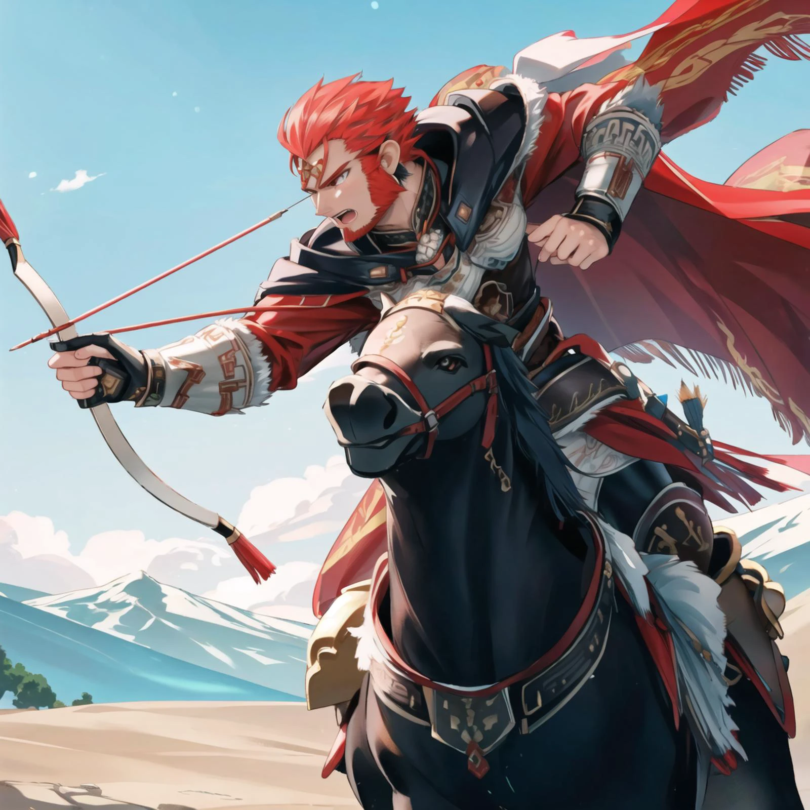 1boy, ganondorf, <lora:MongolPunkAI:0.5> <lora:OoT_Ganondorf_Zelda:0.8> BREAK,
archery, mounted, on black horse, red eyes, <lora:mounted_archery_v1:0.8>, masterpiece, best quality, hyperrealistic, extremely detailed, highly quality, 4k, sharp focus, professional photograph, sharp focus, award winning, cinematic lighting, octane render, unreal engine, volumetrics dtx, Wallpaper,