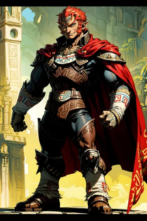 thick outlines, comics, photorealistic, masterpiece:1.2, 1man, solo, <lora:OoT_Ganondorf_Zelda_Anime:0.6>, OoT_Ganondorf_Zelda, cape, castle, medieval, detailed background, detailed face, detailed eyes, <lora:add_detail:0.7>