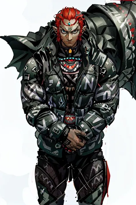 <lora:OoT_Ganondorf_Zelda_Anime:0.7> OoT_Ganondorf_Zelda, solo, cowboy shot, <lora:attire_dripmeme-10:0.85> dripjacket, own hands together, simple background, white background,, ultra detailed, masterpiece, best quality, aesthetic, detailed,