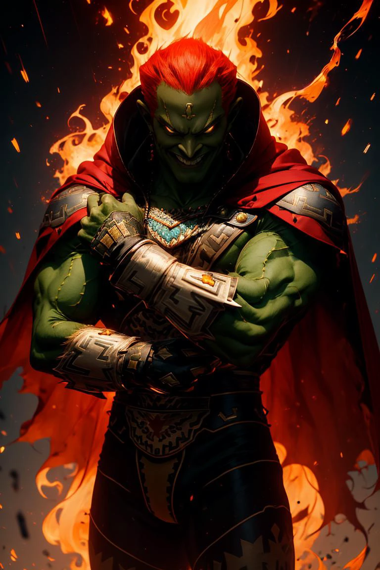 ((masterpiece,best quality)), muscular ,
<lora:OoT_Ganondorf_Zelda_Anime:0.8>, OoT_Ganondorf_Zelda, solo, (green skin), cape,
solo, 1boy,
(fire:1), <lora:r1ge - AnimeRage:0.8>, r1ge, glowing, red aura,
solo, smiling, looking at viewer, cowboy shot, crossed arms