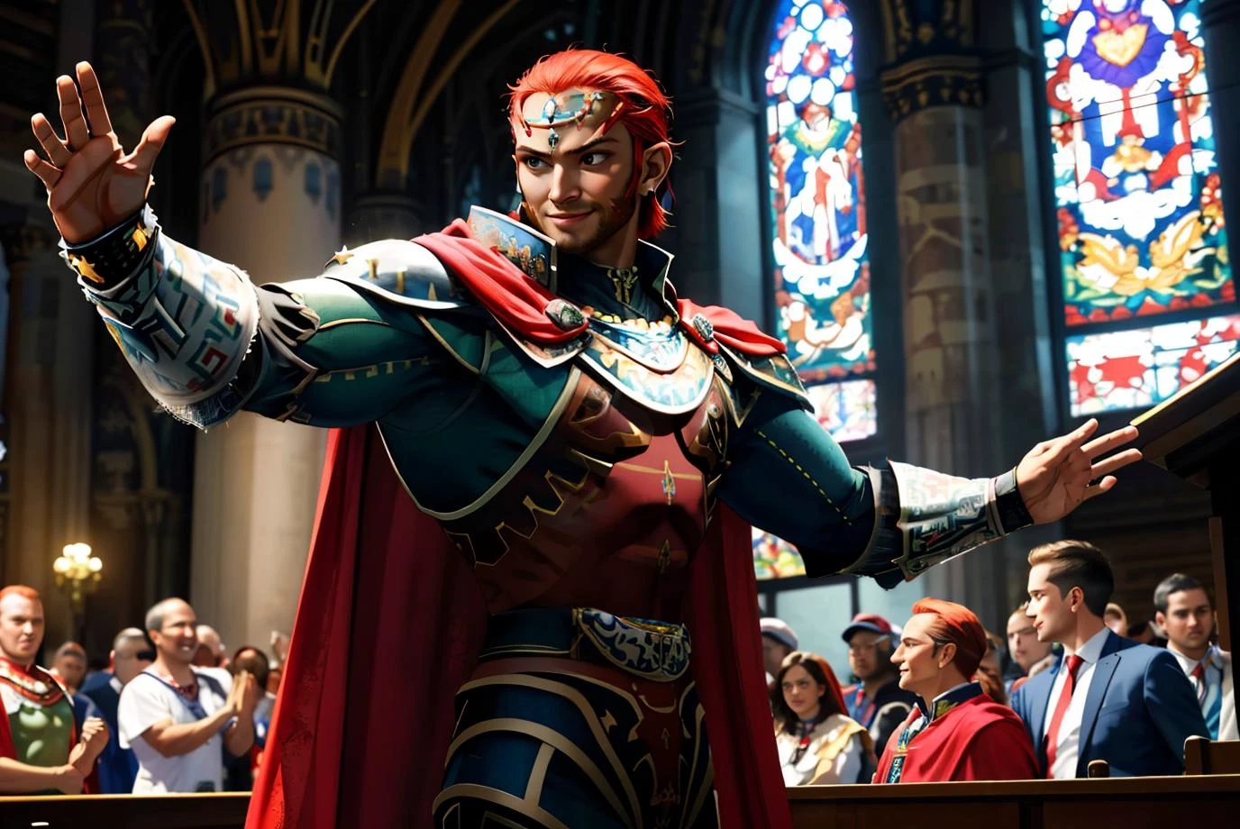 masterpiece, hdr, a candid photo of OoT_Ganondorf_Zelda,tall, muscular, green skin, red cape, wearing armor,arms raised, reaching out, looking at viewer,happy, smiling, indoors, church, organ, jazzy colors, dramatic ambiance, <lora:OoT_Ganondorf_Zelda:.8>, extremely detailed,