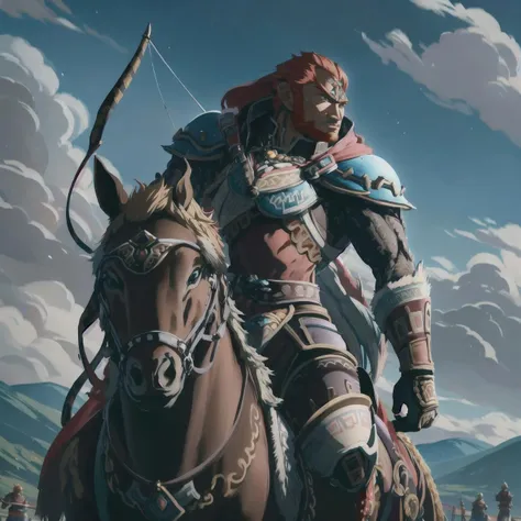 1boy, ganondorf, archery, mounted, on dark horse, <lora:MongolPunkAI:0.5> <lora:mounted_archery_v1:0.8> <lora:OoT_Ganondorf_Zelda:0.8>, masterpiece, best quality, hyperrealistic, extremely detailed, highly quality, 4k, sharp focus, professional photograph, sharp focus, award winning, cinematic lighting, octane render, unreal engine, volumetrics dtx, Wallpaper,
