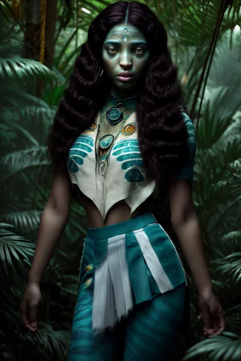 best quality, extra resolution, full body portrait of AIDA_Neytiri as AIDA_LoRA_Neytiri with blue skin <lora:AIDA_LoRA_Neytiri:0.7> and (in settima uniform with white skirt:1.3) <lora:settima:0.7>, alien tribal dance, big eyes with elegant eyelashes, pretty face, naughty, playful, cinematic, studio photo, kkw-ph1, (dark theme:1.1) <lora:LowRA:0.1>, <lora:tangbohu-detailer_1.0:1>, (in jungle:1.3)