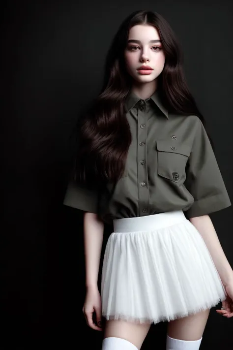 best quality, extra resolution, full body portrait of AIDA_dataran (in settima uniform with white skirt:1.3) <lora:settima:0.6>, big eyes with elegant eyelashes, pretty face, naughty, playful, cinematic, studio photo, kkw-ph1, (dark theme:1.1) <lora:LowRA:0.1>, <lora:tangbohu-detailer_1.0:1>, (black background:1.3), starry sky, by AIDA_NH_humans, in style of AIDA_NH_humans <lora:AIDA_NH_humans:0.2>