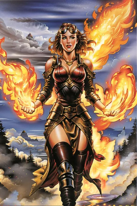 (CochwenGoch),<lora:ChandraV1-16:0.9> chandra nalaar, fiery hair, red eyes, steampunk, goggles around neck, fireball, ((best quality)), ((masterpiece)), (detailed), absurdres, ((hyperrealistic:1.3)), 8K UHD, volumetric lighting, (extremely clear), realism, detailed and intricate, 1girl, beautiful woman, looking at the viewer, <lora:GoodHands-beta2:1> nice hands, perfect hands, <lora:MTGLEALora:0.9> MTGLEA, <lora:NightsofHorror:0.9> nightsofhorror
