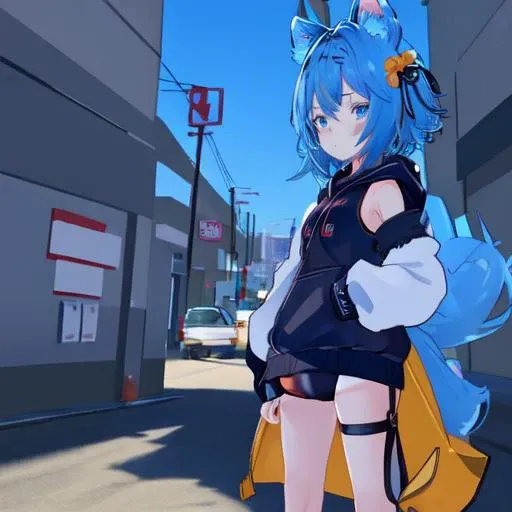 (masterpiece:1.4, beatiful:1.4), <lora:VRChatRindo:0.6>, 1girl, short hair, twin tails, ((blue hair, blue eyes, hair orament, halo)), small breast, (fox ears, tail, fox tail), cropped jacket,hoodie, pants, loose socks, sneakers,((crossed arms)), <lora:JW:0.4>,<lora:cbpk:0.5>, night, neon, tokyo, street, cars, streetsign,moonlight beams, shadow, detailed shadow, beautiful body, beautiful face, perfect anime girl, perfect body, detailed face, cowboy shot, shoulder level,lens flare, blurry background