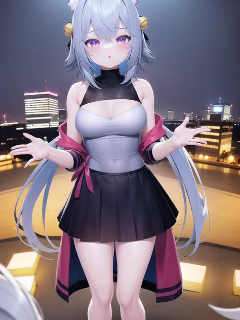 <lora:VRChatRindo:0.5>, Cyberworld,cyber 1 girls,1girl,sound game, Floating in the air.,dj,tail,,100 drone,( random hair, random color eyes, shining eyes, silver hair, modern girl,ultra detail,8k,near future,akihabara,,otaku boy,fisheye_lens,Very detailed,view from head-mounted display,vivid color, neon city, cityscape,night,fractal_art,beat'-em-up game